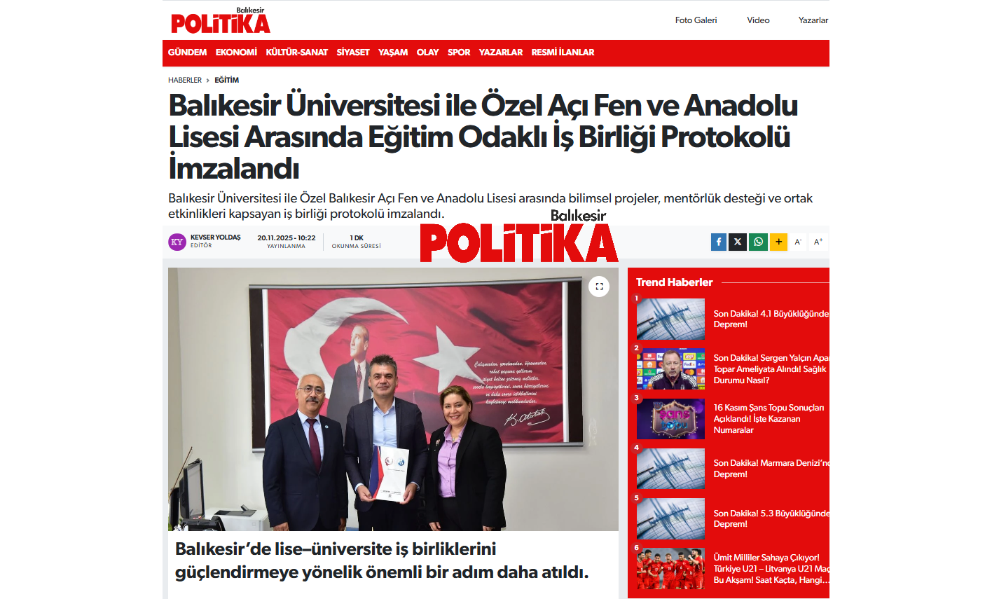 Balıkesir Üniversitesi ile Özel Açı Fen ve Anadolu Lisesi Arasında Eğitim Odaklı İş Birliği Protokolü İmzalandı