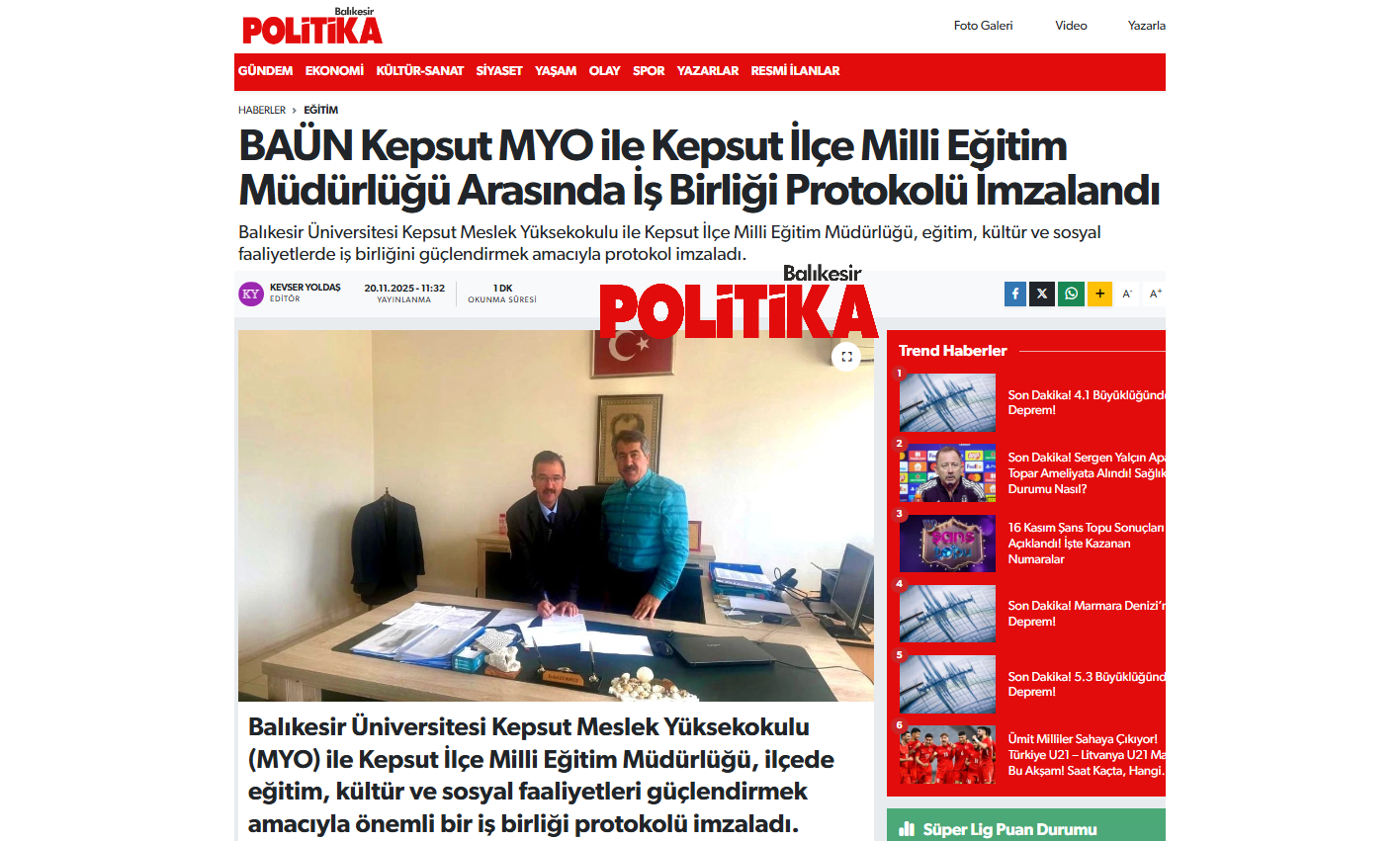 BAÜN Kepsut MYO ile Kepsut İlçe Milli Eğitim Müdürlüğü Arasında İş Birliği Protokolü İmzalandı