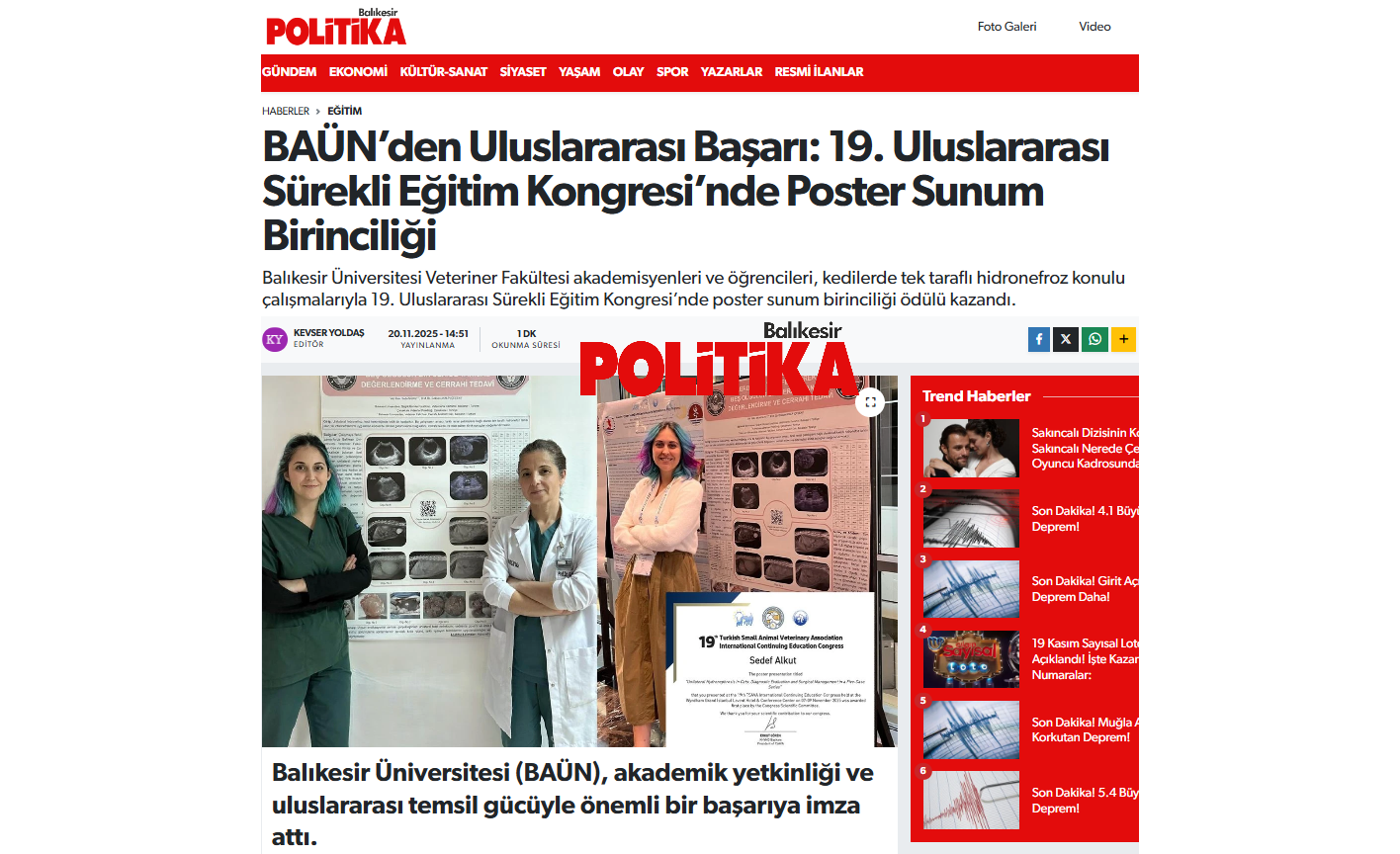 BAÜN’den Uluslararası Başarı: 19. Uluslararası Sürekli Eğitim Kongresi’nde Poster Sunum Birinciliği