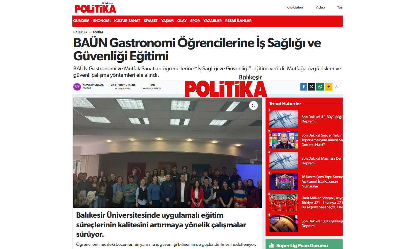 BAÜN Gastronomi Öğrencilerine İş Sağlığı ve Güvenliği Eğitimi
