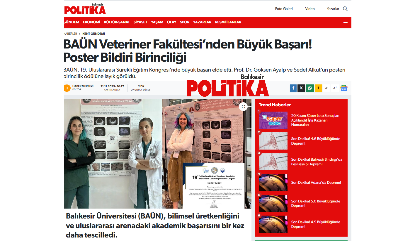 BAÜN Veteriner Fakültesi’nden Büyük Başarı! Poster Bildiri Birinciliği