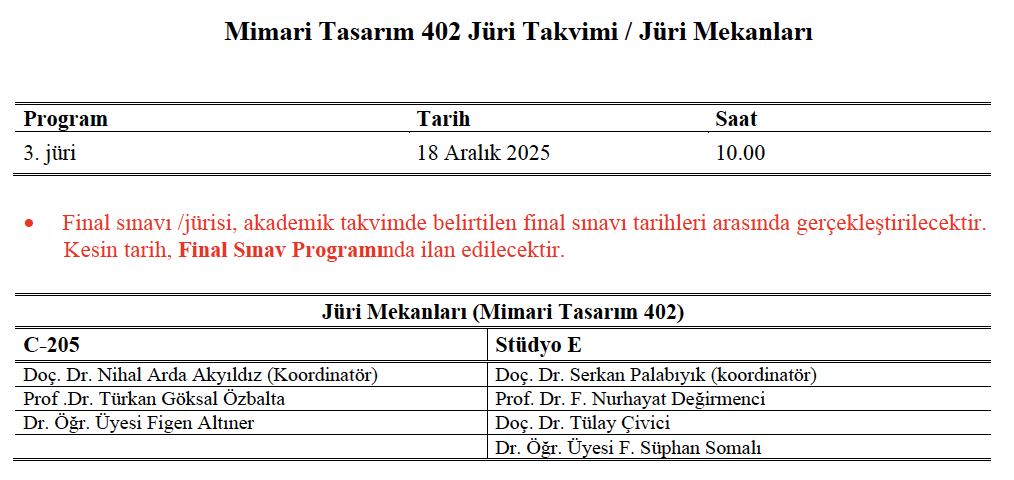 Mimari Tasarım 402 Projesi 3. Jüri Tarih ve Mekanları 1