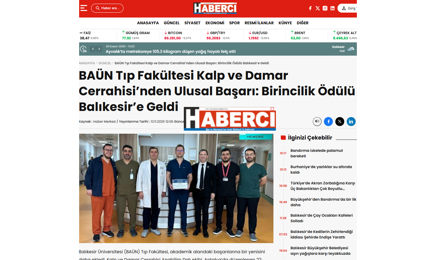 BAÜN Tıp Fakültesi Kalp ve Damar Cerrahisi' nden Ulusal Başarı: Birincilik Ödülü Balıkesir' e Geldi