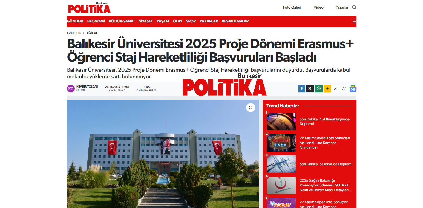 Balıkesir Üniversitesi 2025 Proje Dönemi Erasmus+ Öğrenci Staj Hareketliliği Başvuruları Başladı
