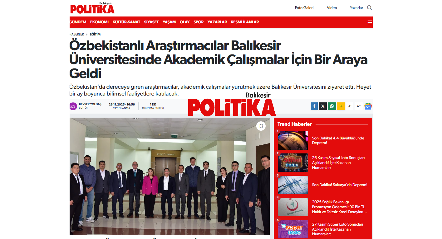 Özbekistanlı Araştırmacılar Balıkesir Üniversitesinde Akademik Çalışmalar İçin Bir Araya Geldi