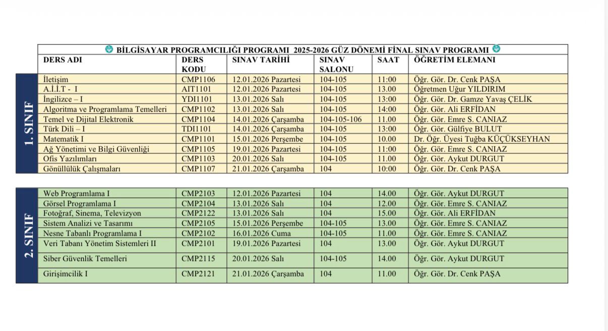2025-2026 Eğitim - Öğretim Yılı Güz Yarıyılı Final Sınav Programları 3