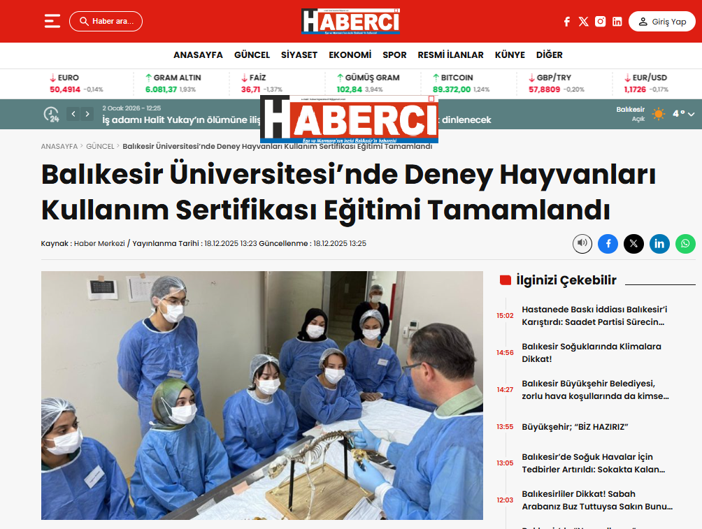 Balıkesir Üniversitesi’nde Deney Hayvanları Kullanım Sertifikası Eğitimi Tamamlandı