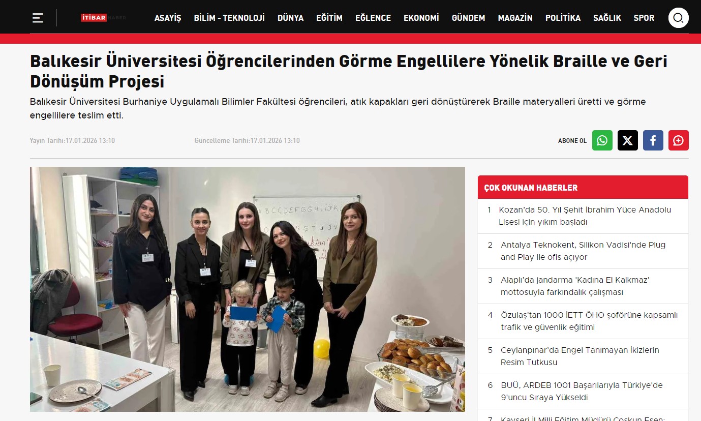Balıkesir Üniversitesi Öğrencilerinden Görme Engellilere Yönelik Braille ve Geri Dönüşüm Projesi