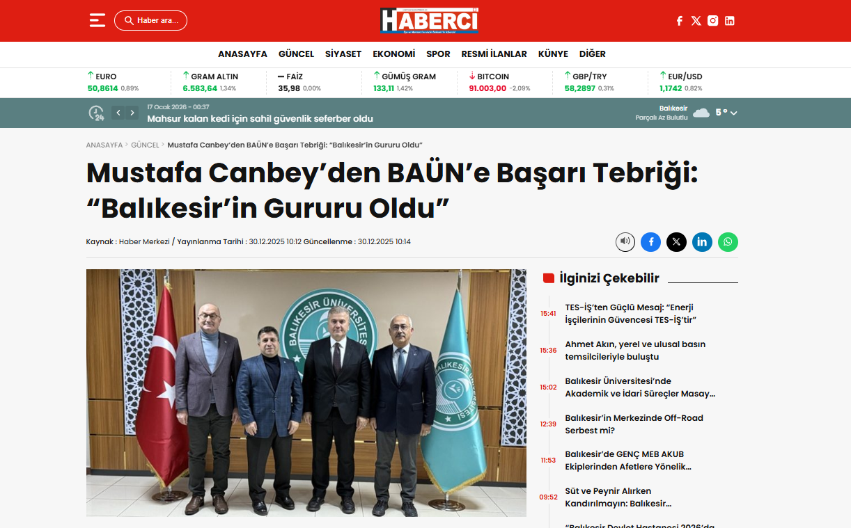 Mustafa Canbey’den BAÜN’e Başarı Tebriği: “Balıkesir’in Gururu Oldu”