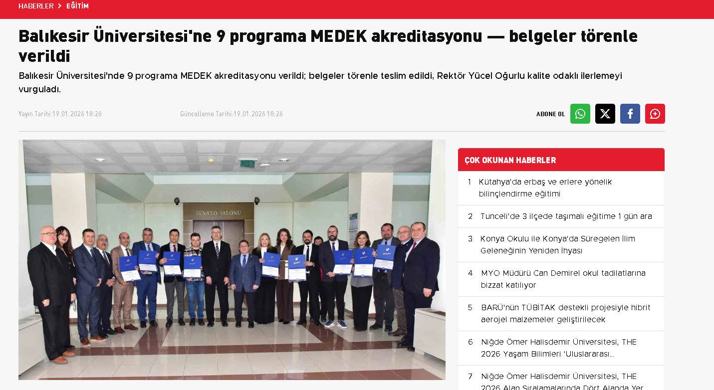 Balıkesir Üniversitesi'ne 9 programa MEDEK akreditasyonu — belgeler törenle verildi