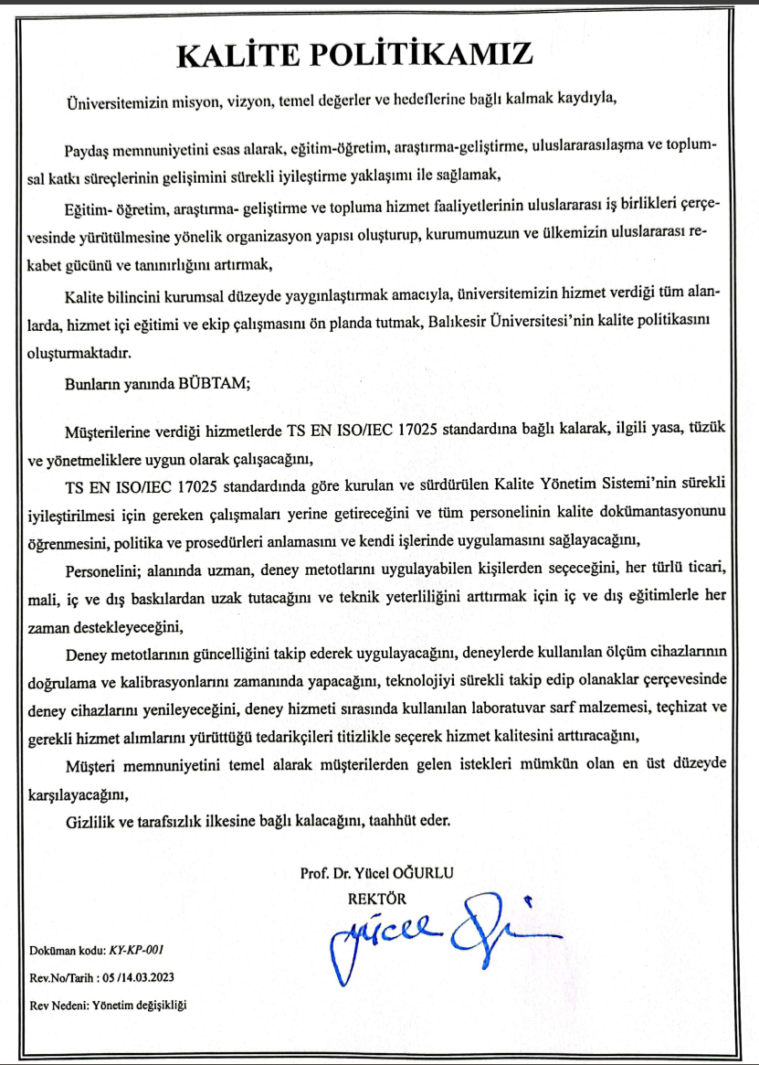 BÜBTAM Kalite Politikası