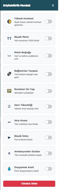 Üniversite web sayfalarımızda "Engelsiz Erişim" çalışmaları kapsamında ''Erişebilirlik Menüsü'' hazırlanmıştır. 2
