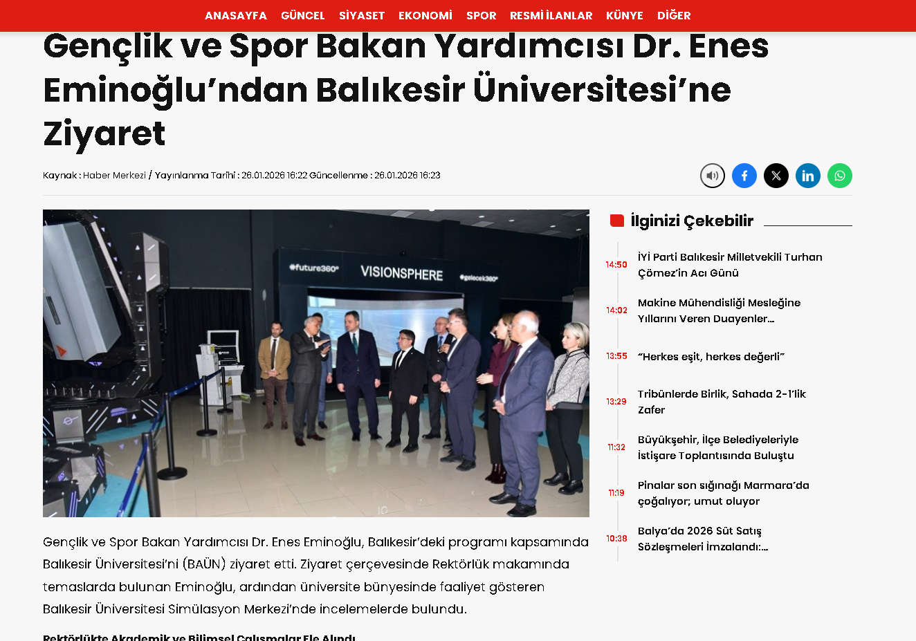 Gençlik ve Spor Bakan Yardımcısı Dr. Enes Eminoğlu’ndan Balıkesir Üniversitesi’ne Ziyaret
