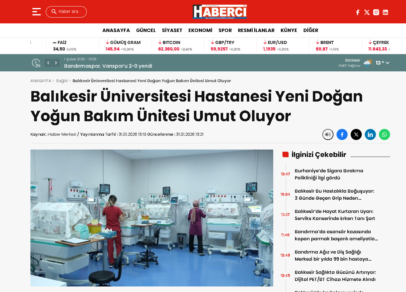 Balıkesir Üniversitesi Hastanesi Yeni Doğan Yoğun Bakım Ünitesi Umut Oluyor