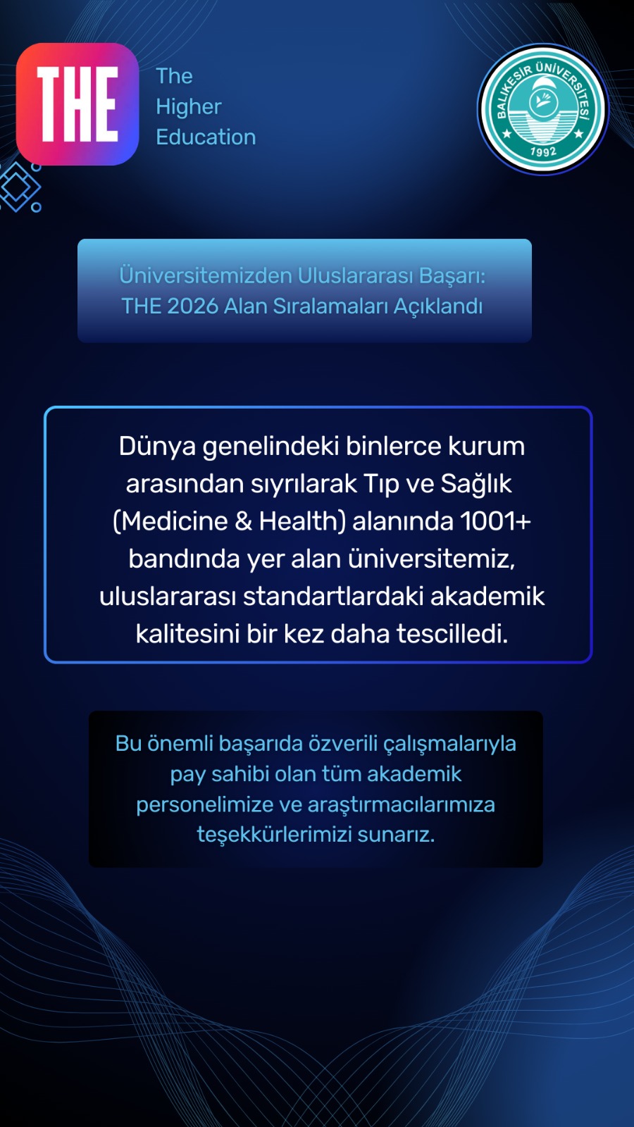 Balıkesir Üniversitesi'nin 2026 Dünya Üniversiteleri Alan Sıralamasında Tıp ve Sağlık Bilimleri Başarısı 2