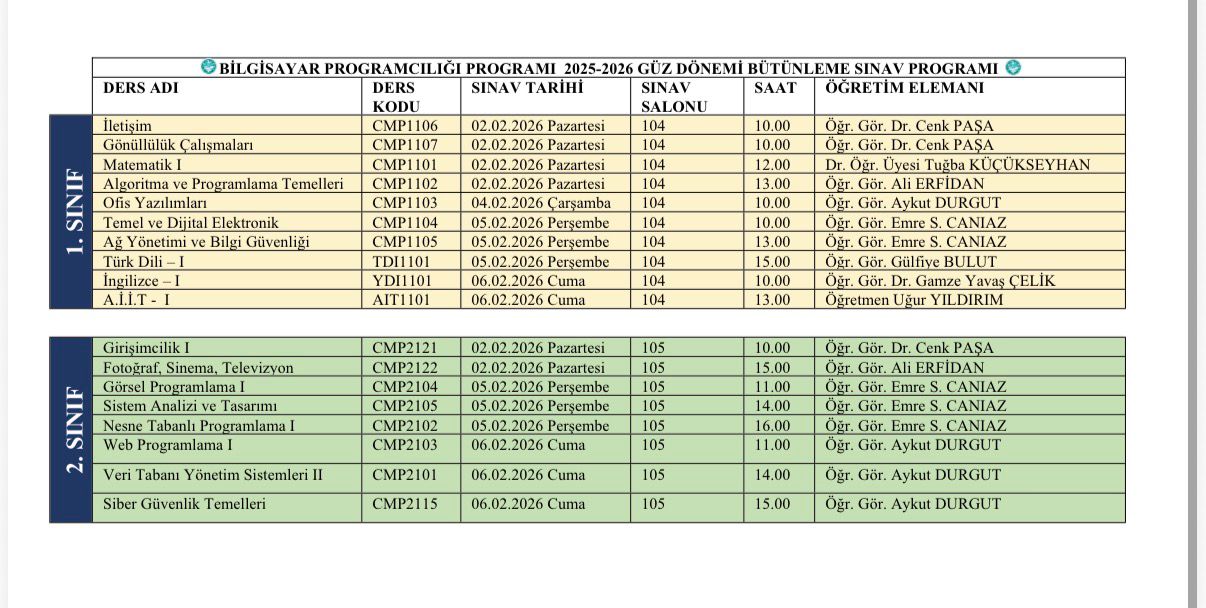 2025-2026 Güz Dönemi Bütünleme Sınav Programı 2
