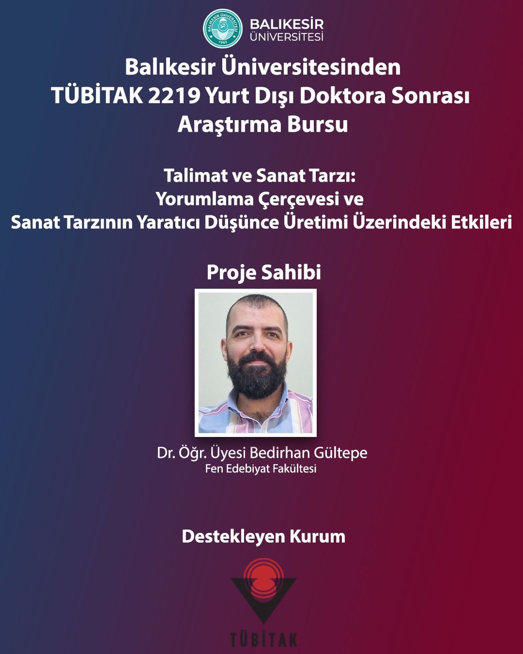 Akademisyenimize TÜBİTAK 2219 Yurt Dışı Doktora Sonrası Araştırma Bursu