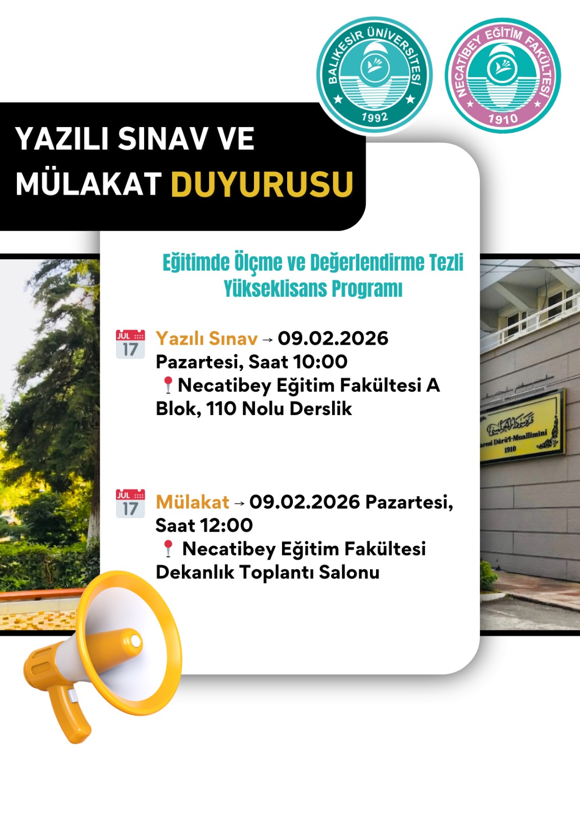 Eğitimde Ölçme ve Değerlendirme 2025-2026 Bahar Dönemi Yüksek Lisans Sınavı Bilgileri