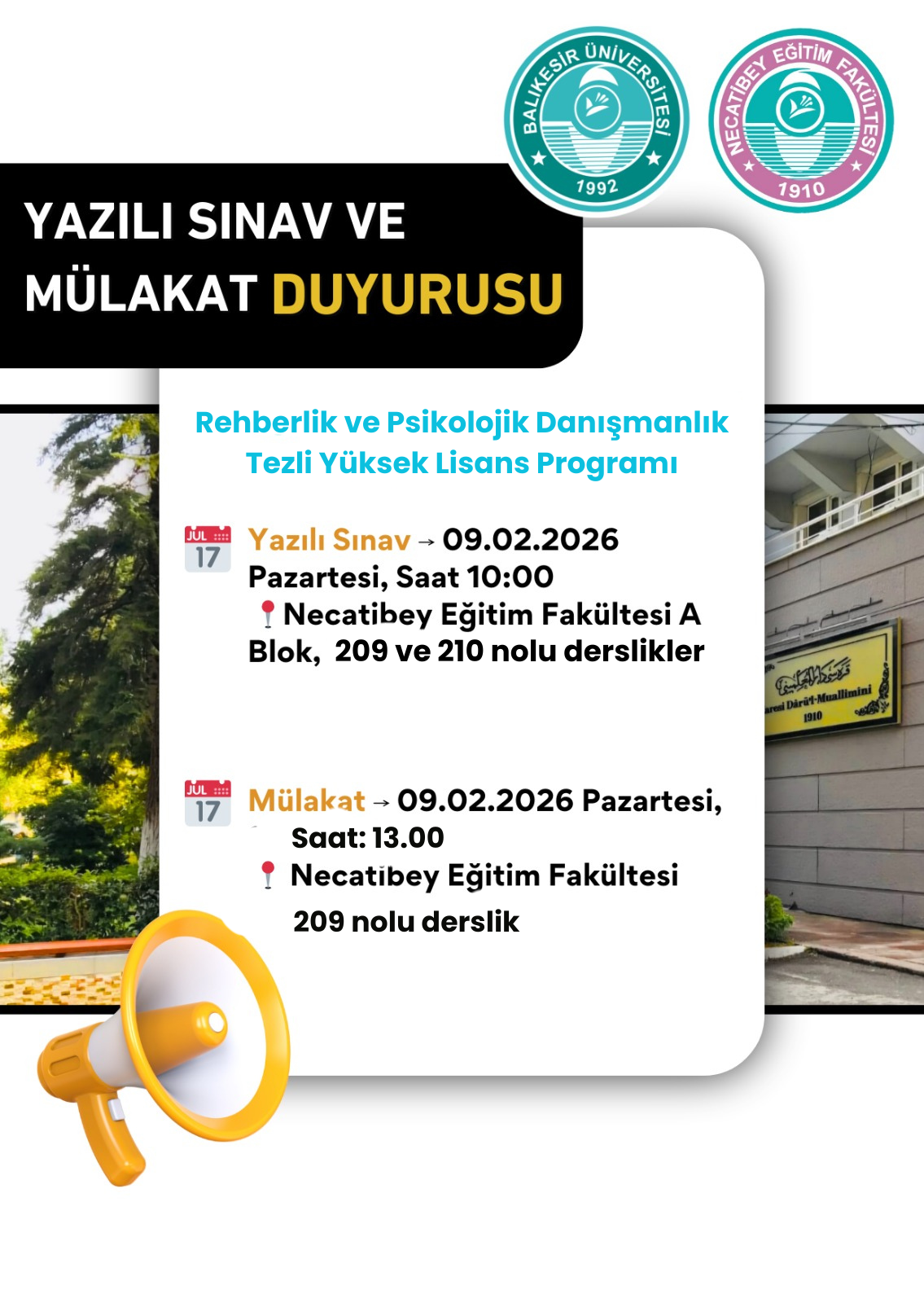 Rehberlik ve Psikolojik Danışmanlık Bilim Dalı 2025-2026 Bahar Dönemi Tezli Yüksek Lisans Sınavı