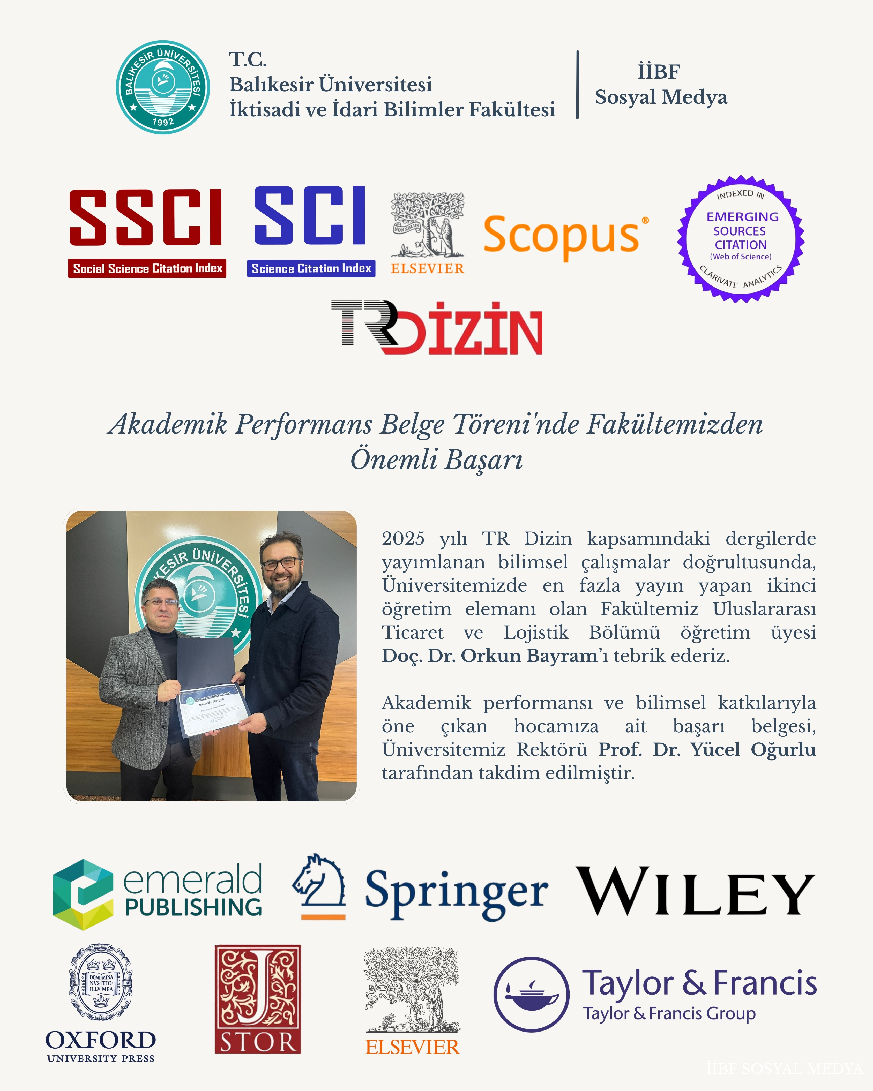 Akademik Performans Belge Töreninde Fakültemizden Önemli Başarı