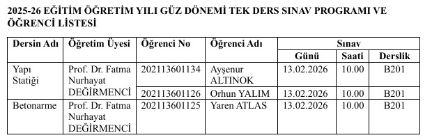 Tek Ders Sınav Programı 1