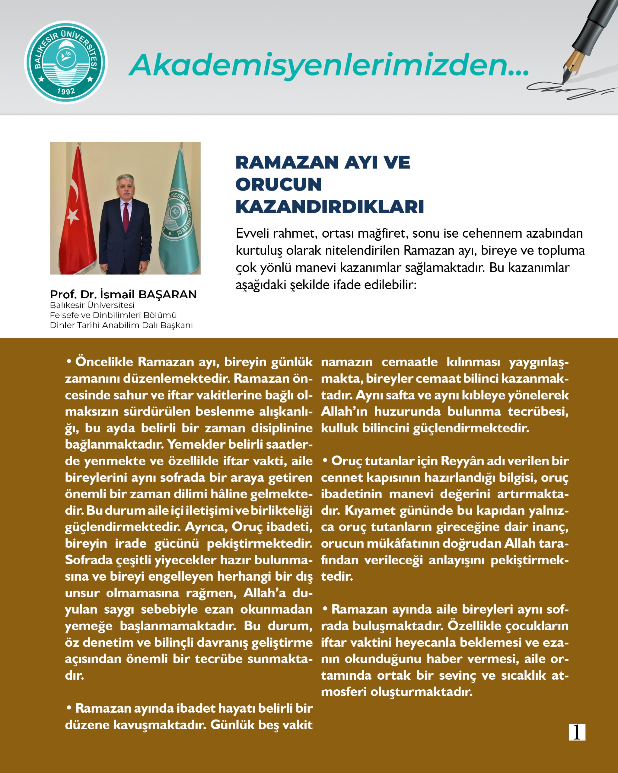 Akademisyenelerimizden: Ramazan Ayı ve Orucun Kazandırdıkları