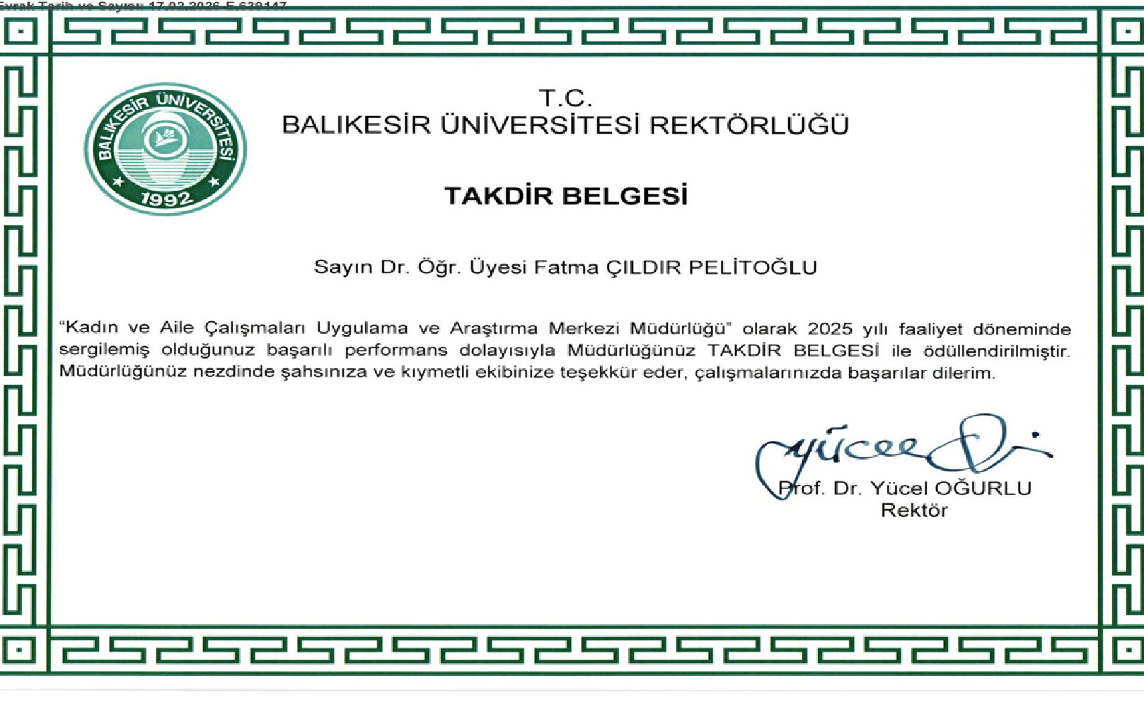 2025 yılı faaliyetlerimiz "Takdir Belgesi" ile ödüllendirildi