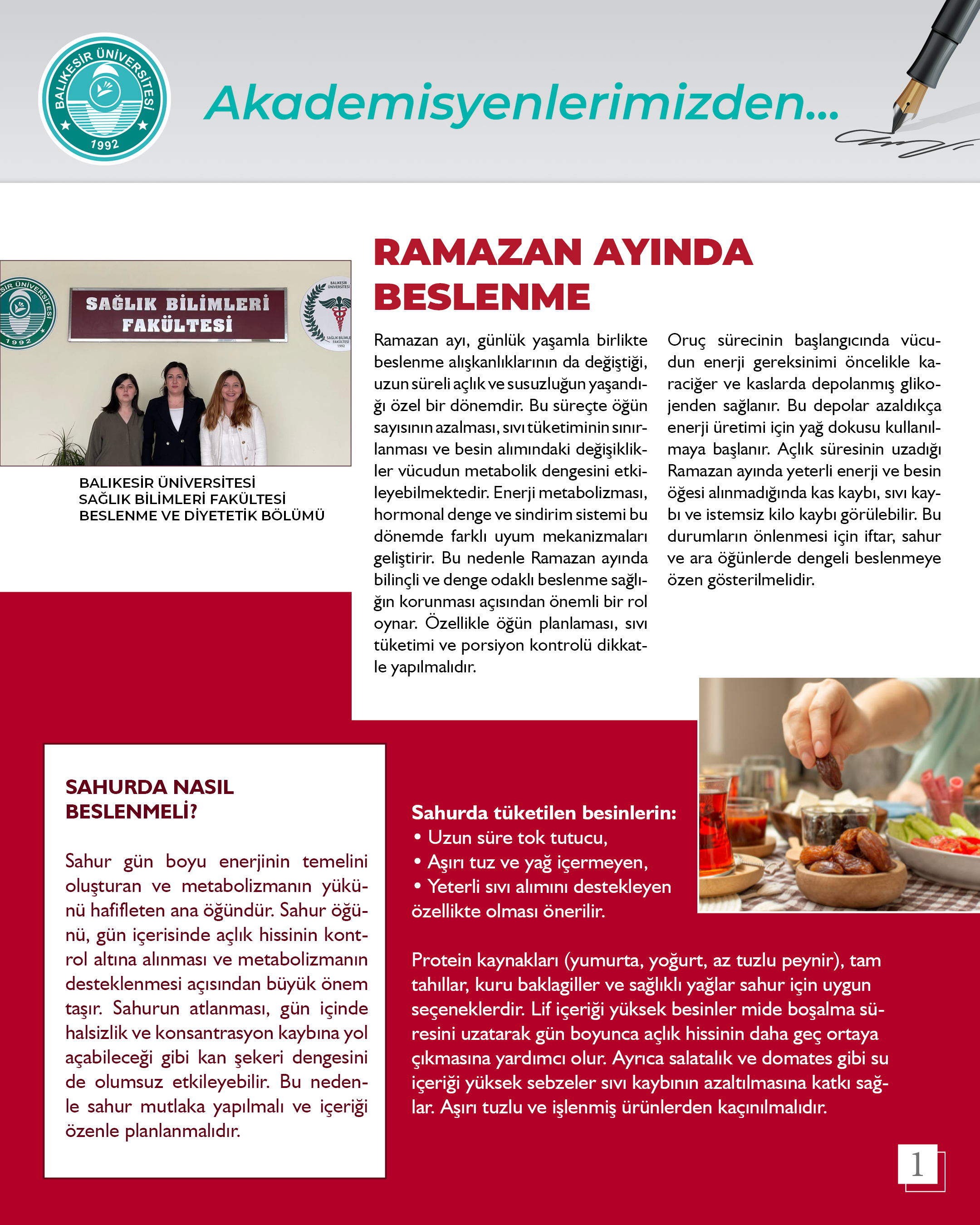 Akademisyenlerimizden; “Ramazan Ayında Beslenme” Balıkesir Üniversitesi Sağlık Bilimleri Fakültesi Beslenme ve Diyetetik Bölümü 2