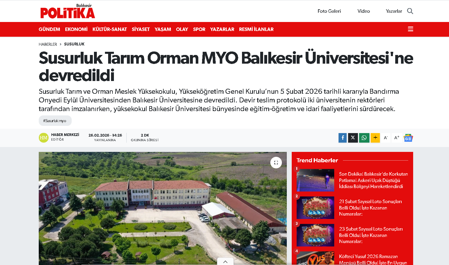 Susurluk Tarım Orman MYO Balıkesir Üniversitesi'ne devredildi