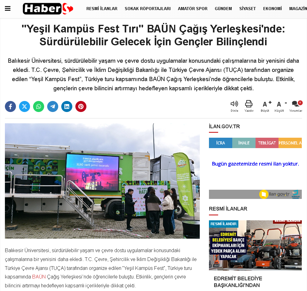 "Yeşil Kampüs Fest Tırı" BAÜN Çağış Yerleşkesi'nde: Sürdürülebilir Gelecek İçin Gençler Bilinçlendi