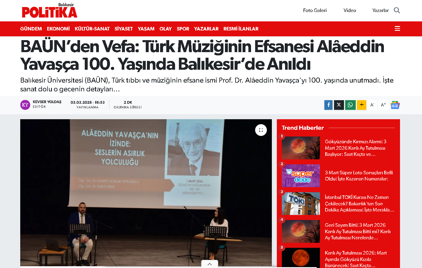 BAÜN’den Vefa: Türk Müziğinin Efsanesi Alâeddin Yavaşça 100. Yaşında Balıkesir’de Anıldı