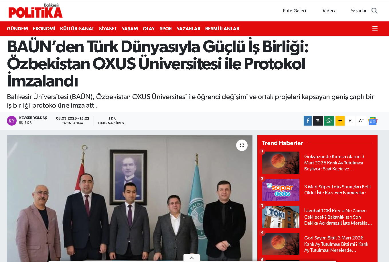 BAÜN’den Türk Dünyasıyla Güçlü İş Birliği: Özbekistan OXUS Üniversitesi ile Protokol İmzalandı