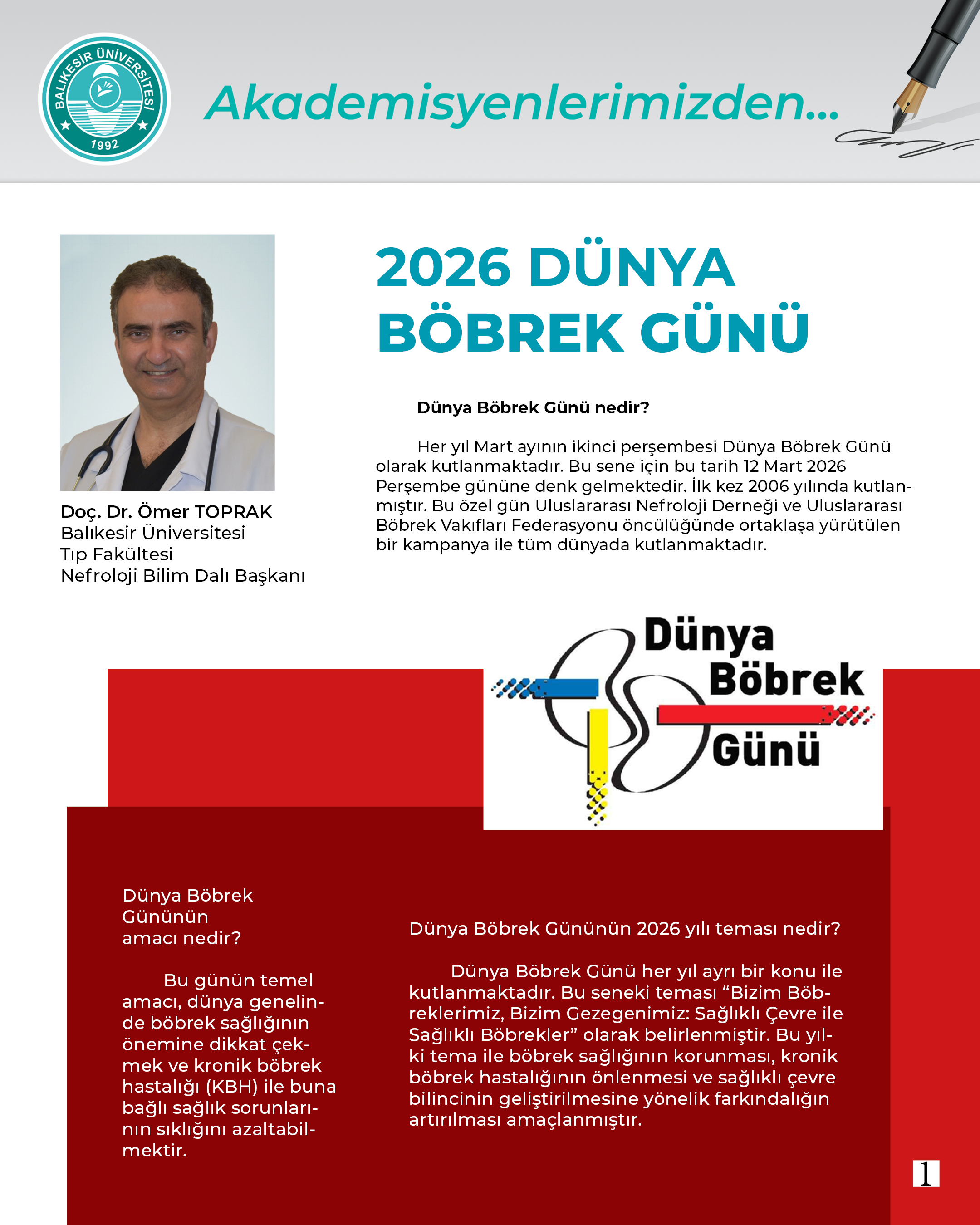 Akademisyenlerimizden; “2026 Dünya Böbrek Günü” Doç. Dr. Ömer Toprak & Balıkesir Üniversitesi Tıp Fakültesi Nefroloji Bilim Dalı Başkanı 2