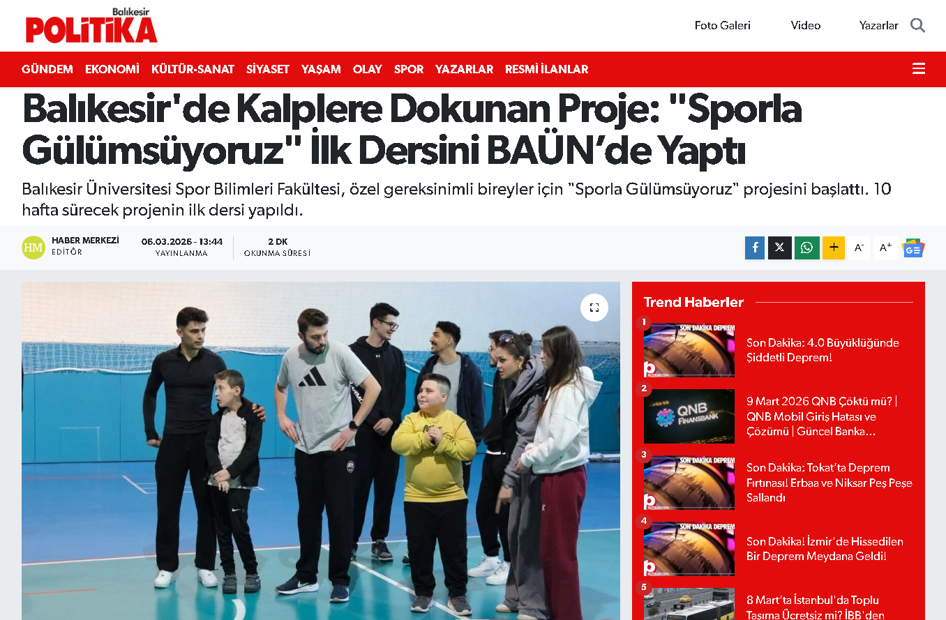 Balıkesir'de Kalplere Dokunan Proje: "Sporla Gülümsüyoruz" İlk Dersini BAÜN’de Yaptı