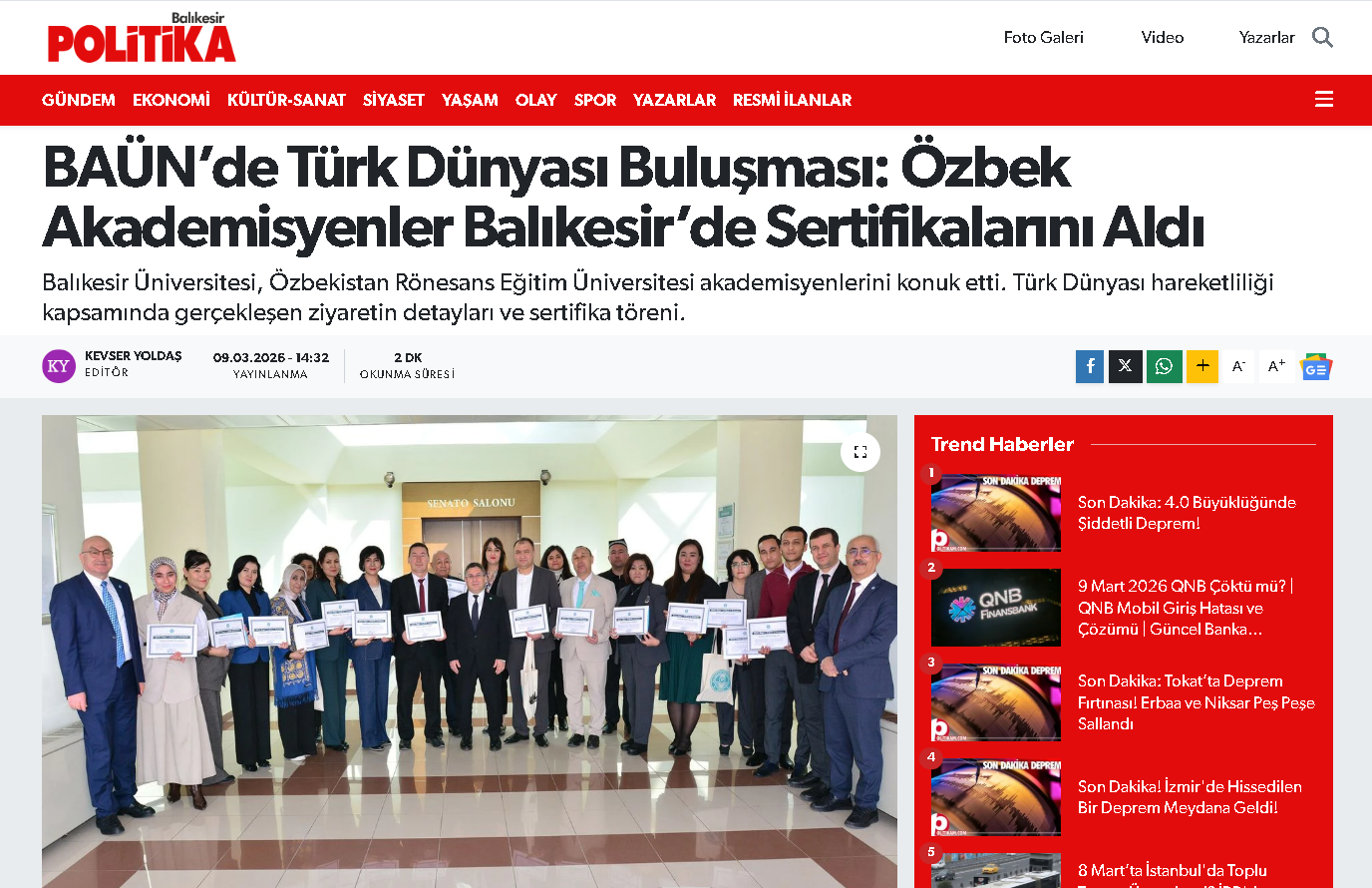 BAÜN’de Türk Dünyası Buluşması: Özbek Akademisyenler Balıkesir’de Sertifikalarını Aldı
