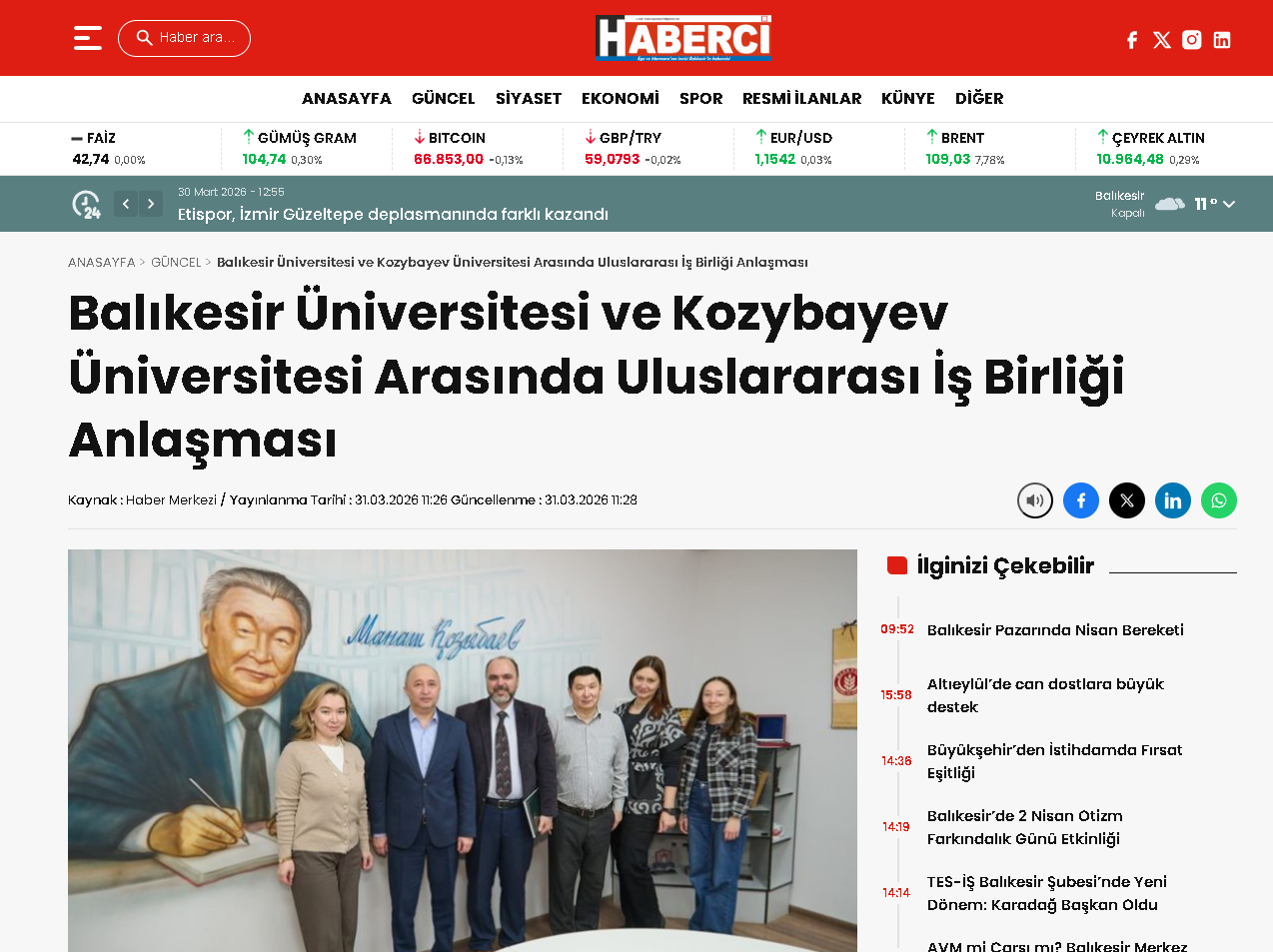 Balıkesir Üniversitesi ve Kozybayev Üniversitesi Arasında Uluslararası İşbirliği Anlaşması