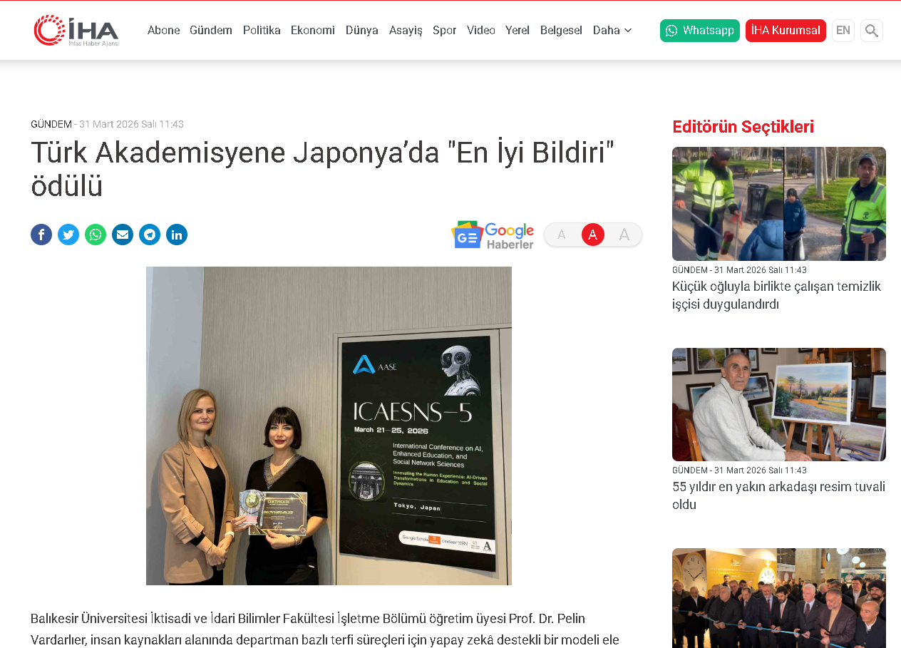 Türk Akademisyene Japonya’da "En İyi Bildiri" ödülü