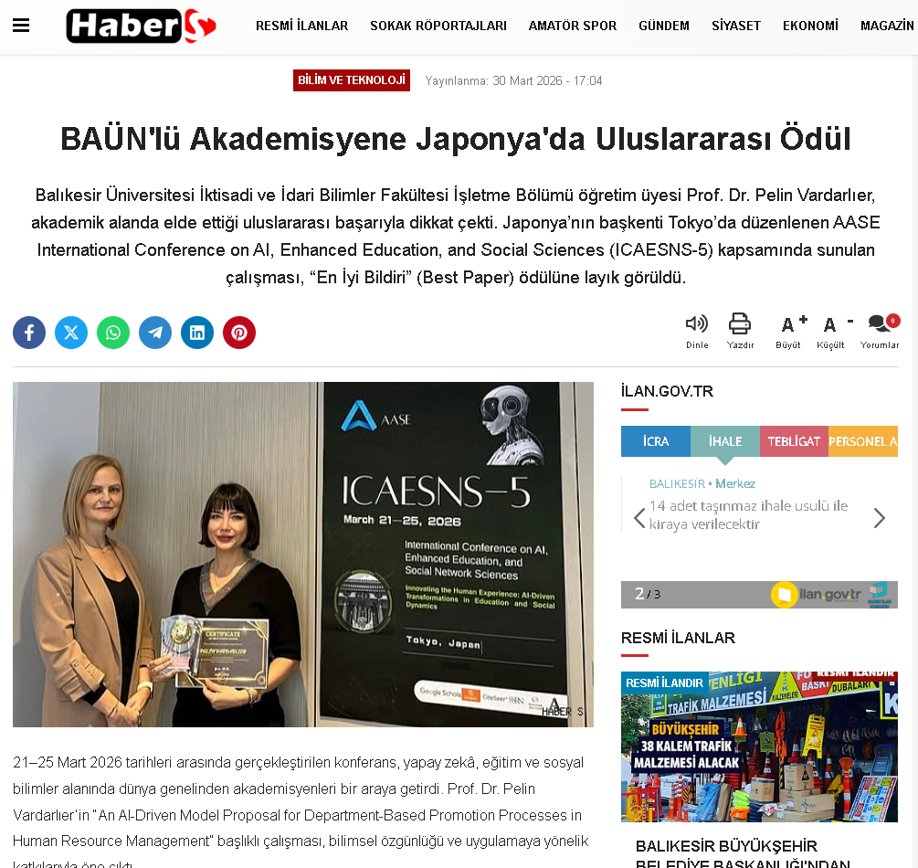 BAÜN'lü Akademisyene Japonya'da Uluslararası Ödül