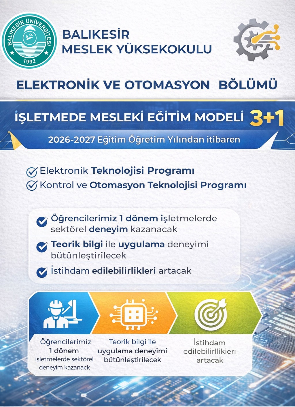 Balıkesir Üniversitesi, Balıkesir Meslek Yüksekokulu Elektronik ve Otomasyon Bölümünde 3+1 Eğitim Modeli