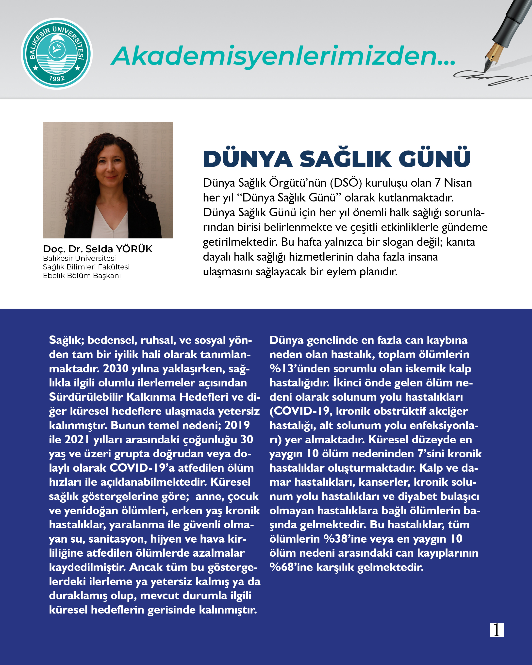 Akademisyenlerimizden; “Dünya Sağlık Günü” Doç. Dr. Selda Yörük / Balıkesir Üniversitesi Sağlık Bilimleri Fakültesi Ebelik Bölüm Başkanı 2