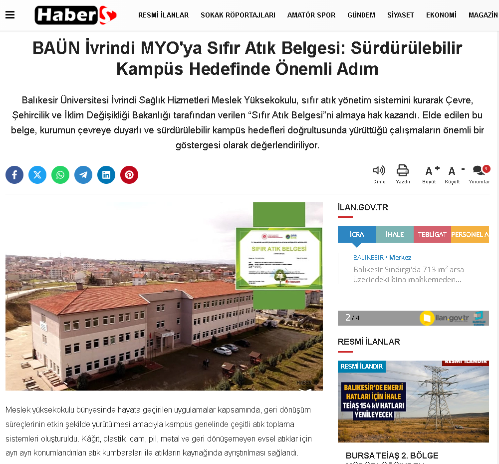 BAÜN İvrindi MYO'ya Sıfır Atık Belgesi: Sürdürülebilir Kampüs Hedefinde Önemli Adım