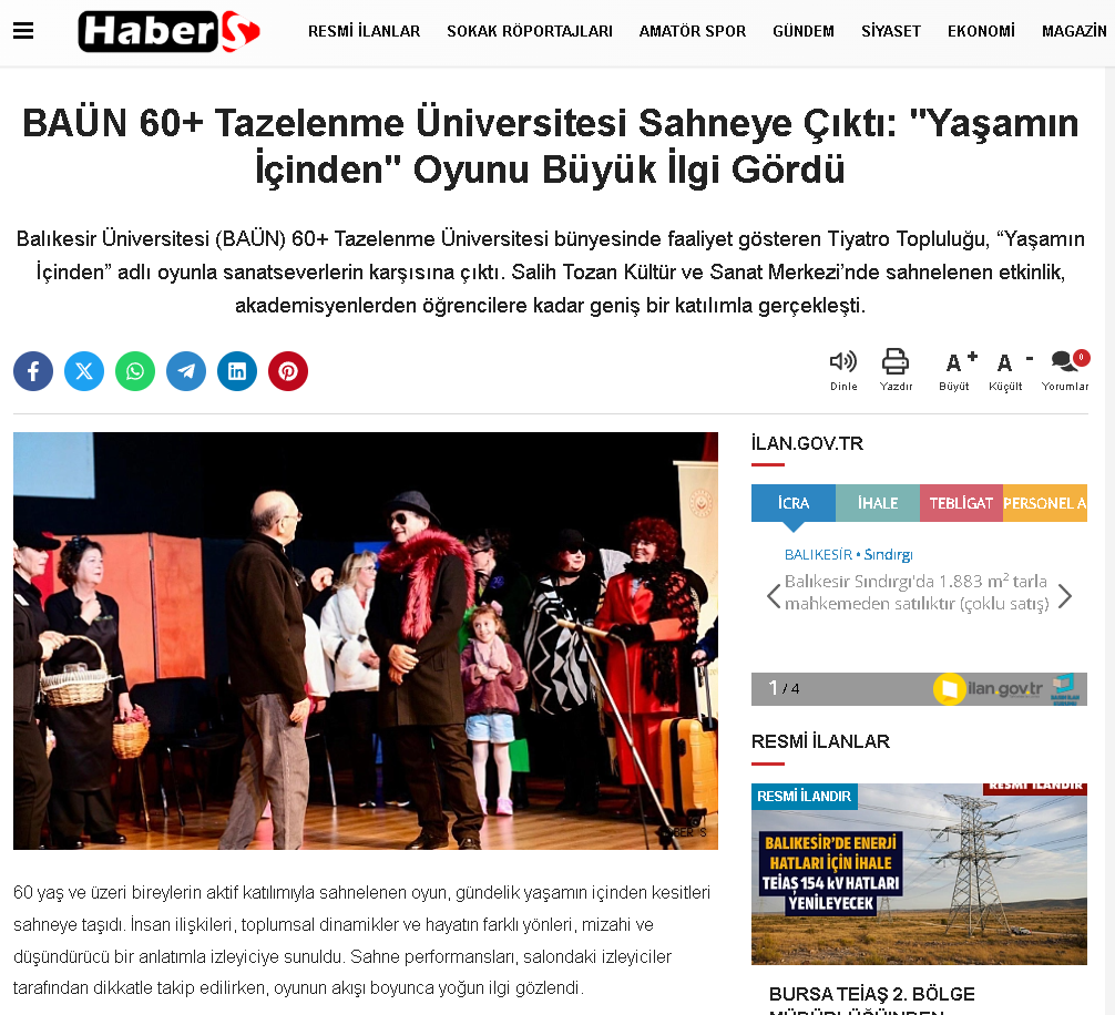 BAÜN 60+ Tazelenme Üniversitesi Sahneye Çıktı: "Yaşamın İçinden" Oyunu Büyük İlgi Gördü