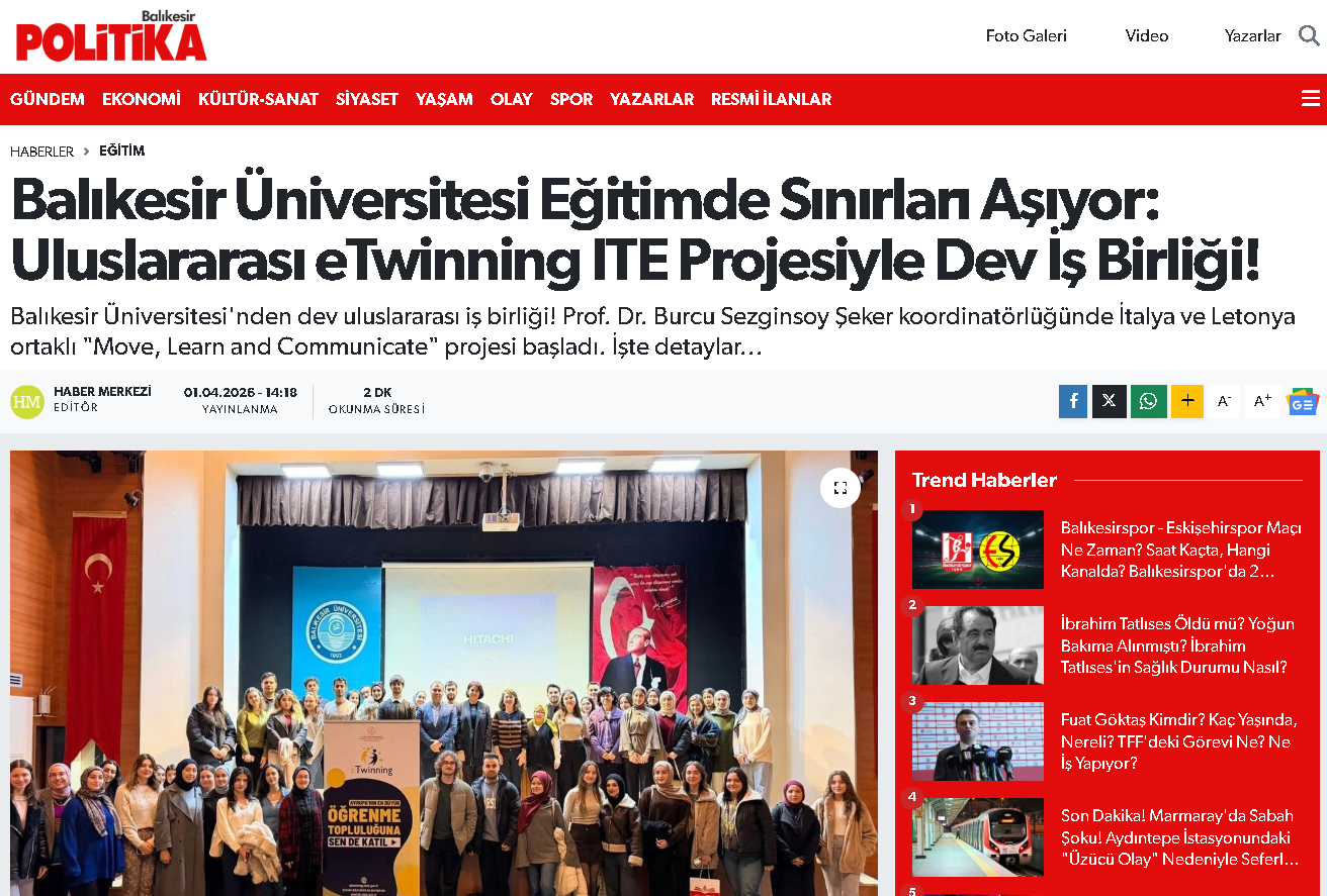 Balıkesir Üniversitesi Eğitimde Sınırları Aşıyor: Uluslararası eTwinning ITE Projesiyle Dev İş Birliği!