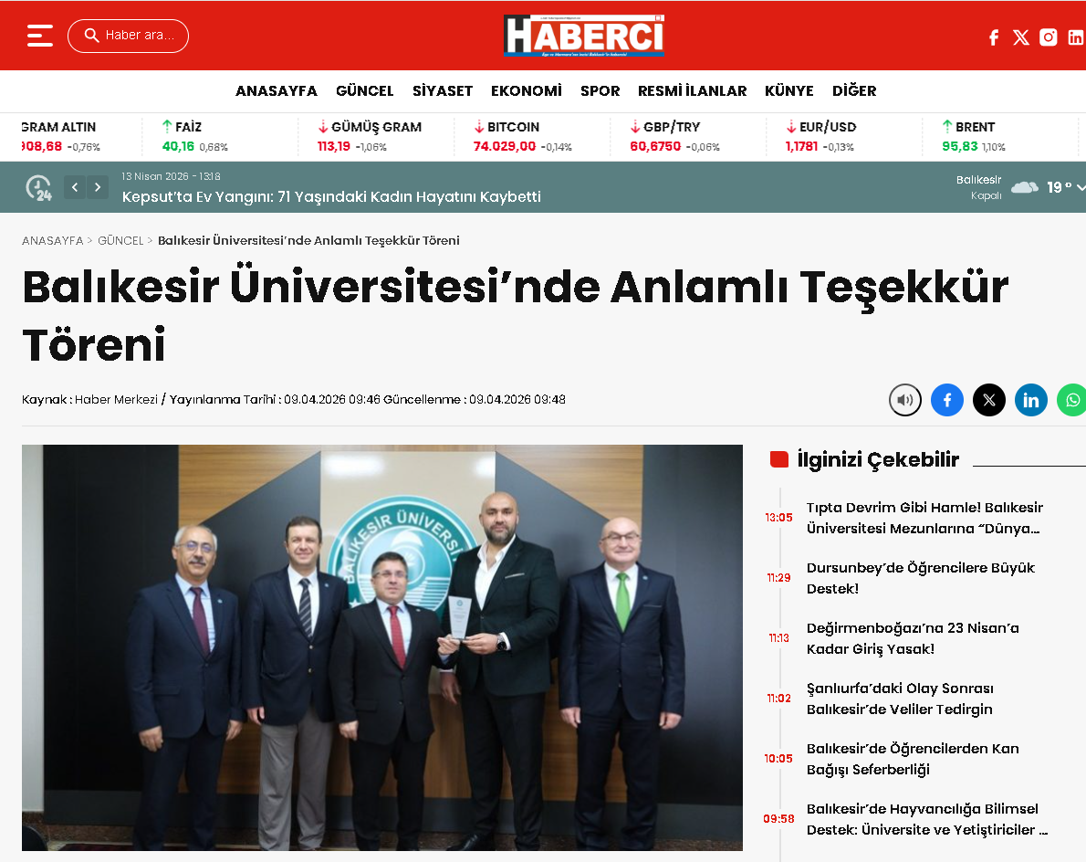 Balıkesir Üniversitesi'nde Anlamlı Teşekkür Töreni