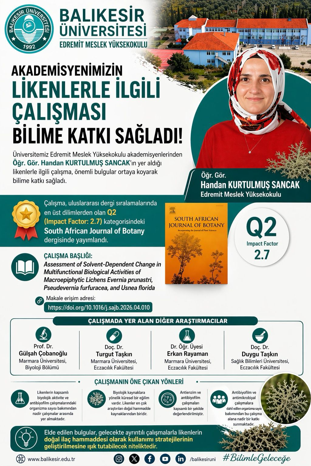 The Study on Lichens Involving Our Faculty Member Lect. Handan KURTULMUŞ SANCAK Contributed to Science by Revealing Significant Findings