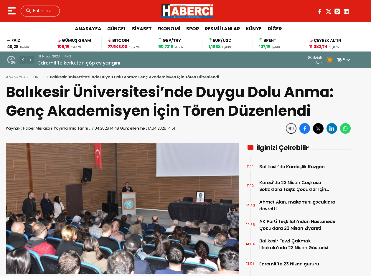 Balıkesir Üniversitesi'nde Duygu Dolu Anma: Genç Akademisyen İçin Tören Düzenlendi