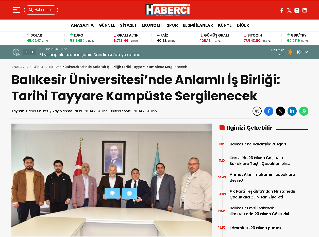 Balıkesir Üniversitesi'nde Anlamlı İş Birliği: Tarihi Tayyare Kampüste Sergilenecek