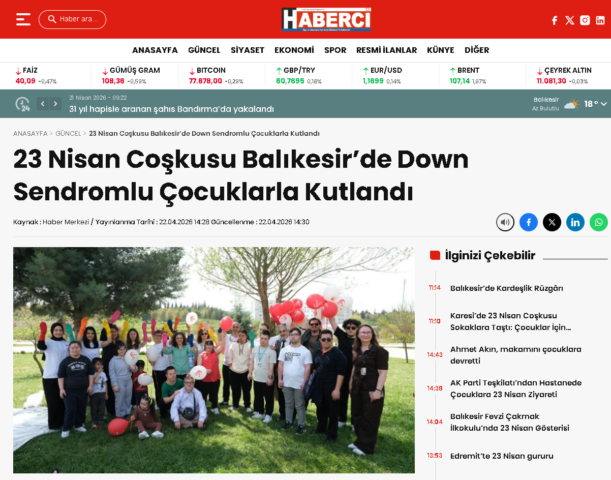 23 Nisan Coşkusu Balıkesir'de Down Sendromlu Çocuklarla Kutlandı