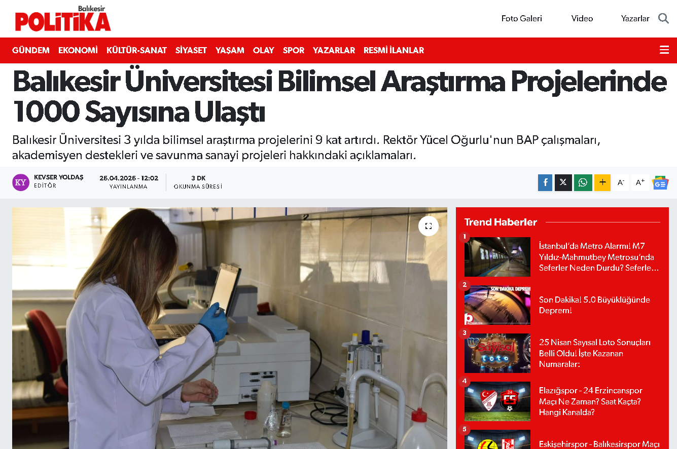 Balıkesir Üniversitesi Bilimsel Araştırma Projelerinde 1000 Sayısına Ulaştı