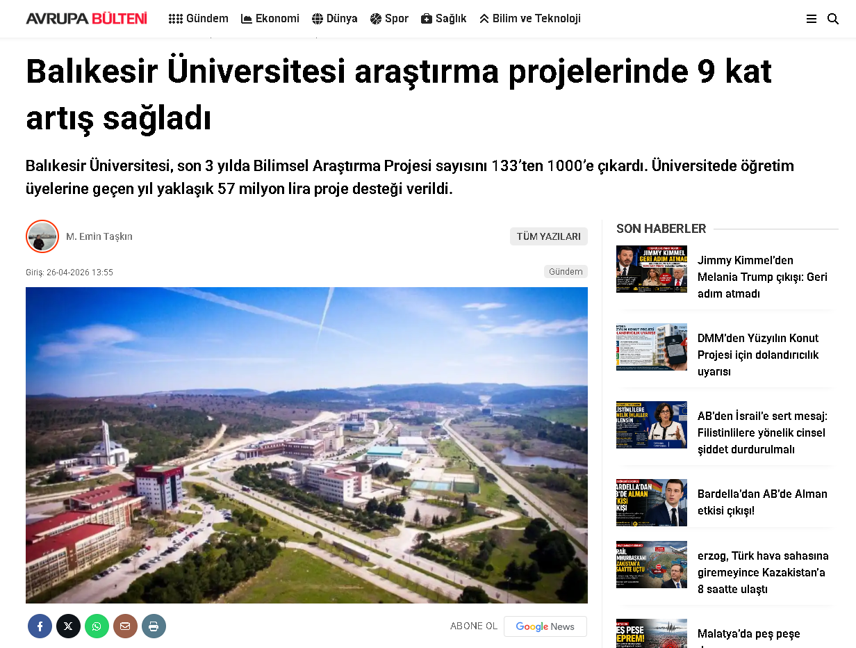 Balıkesir Üniversitesi araştırma projelerinde 9 kat artış sağladı